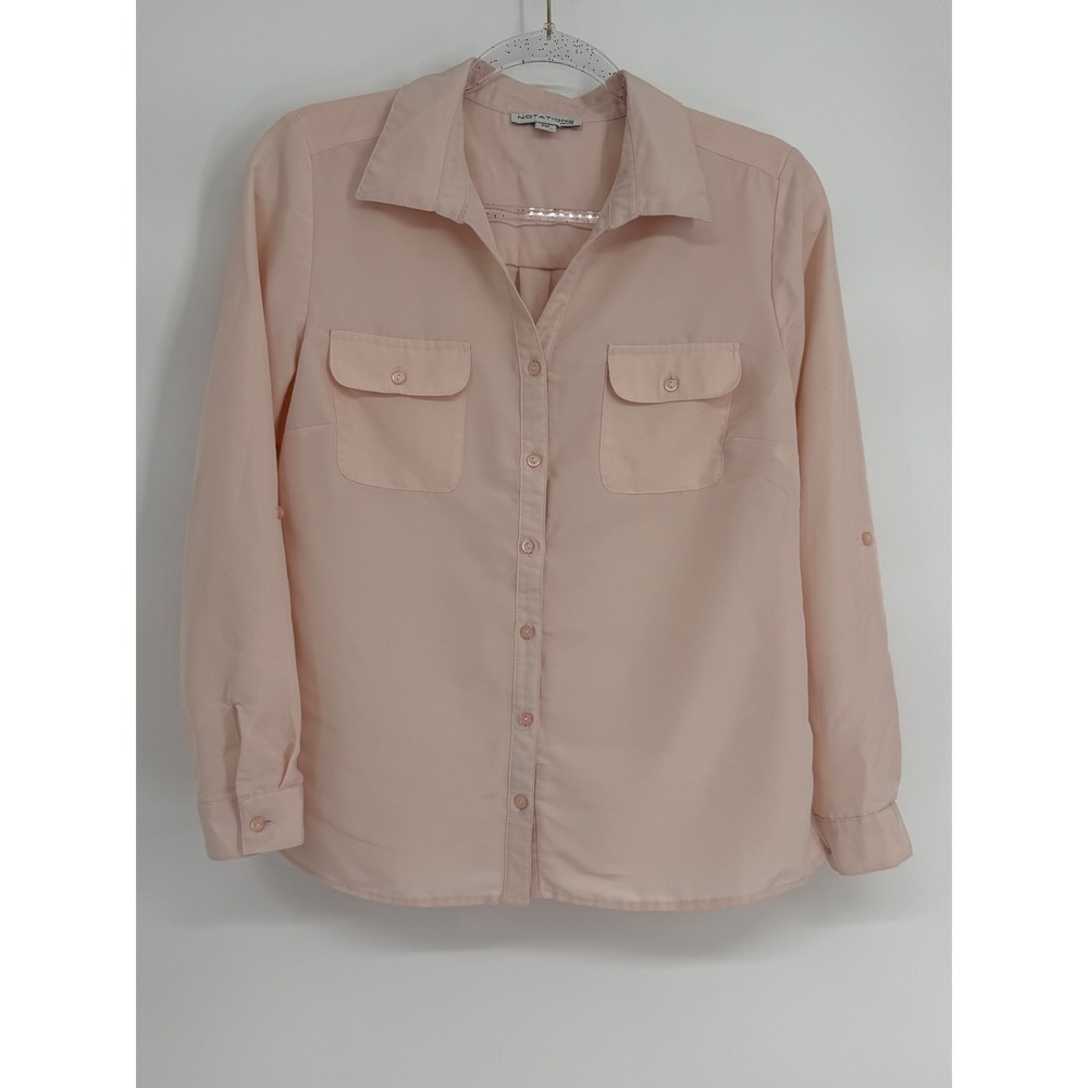 Notations Petite Sz PM Blush Pink Button Down Roll Tab Sleeve Blouse Office Top